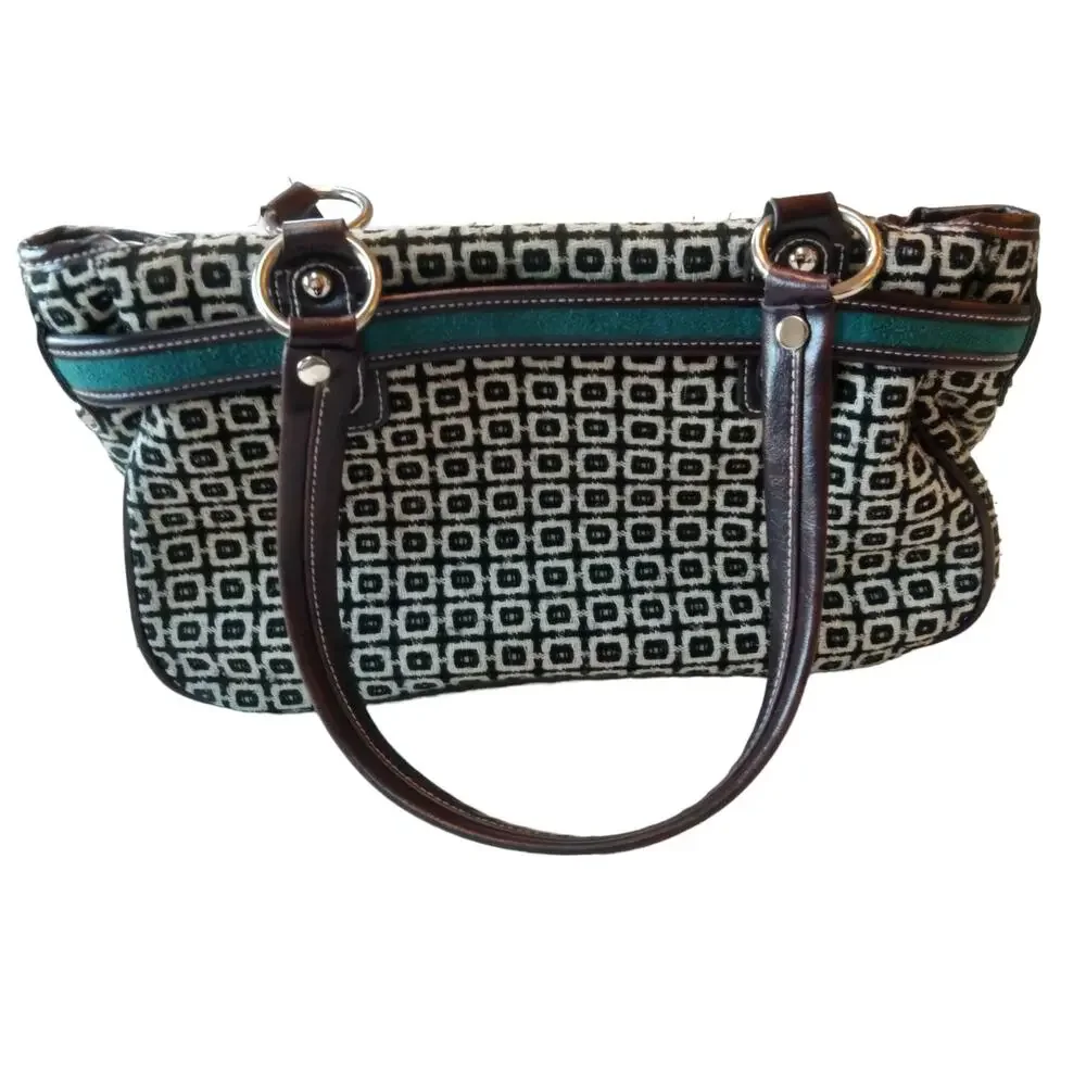 Vintage Y2K Tweed Black and White Teal Trim Satchel Bag Purse
